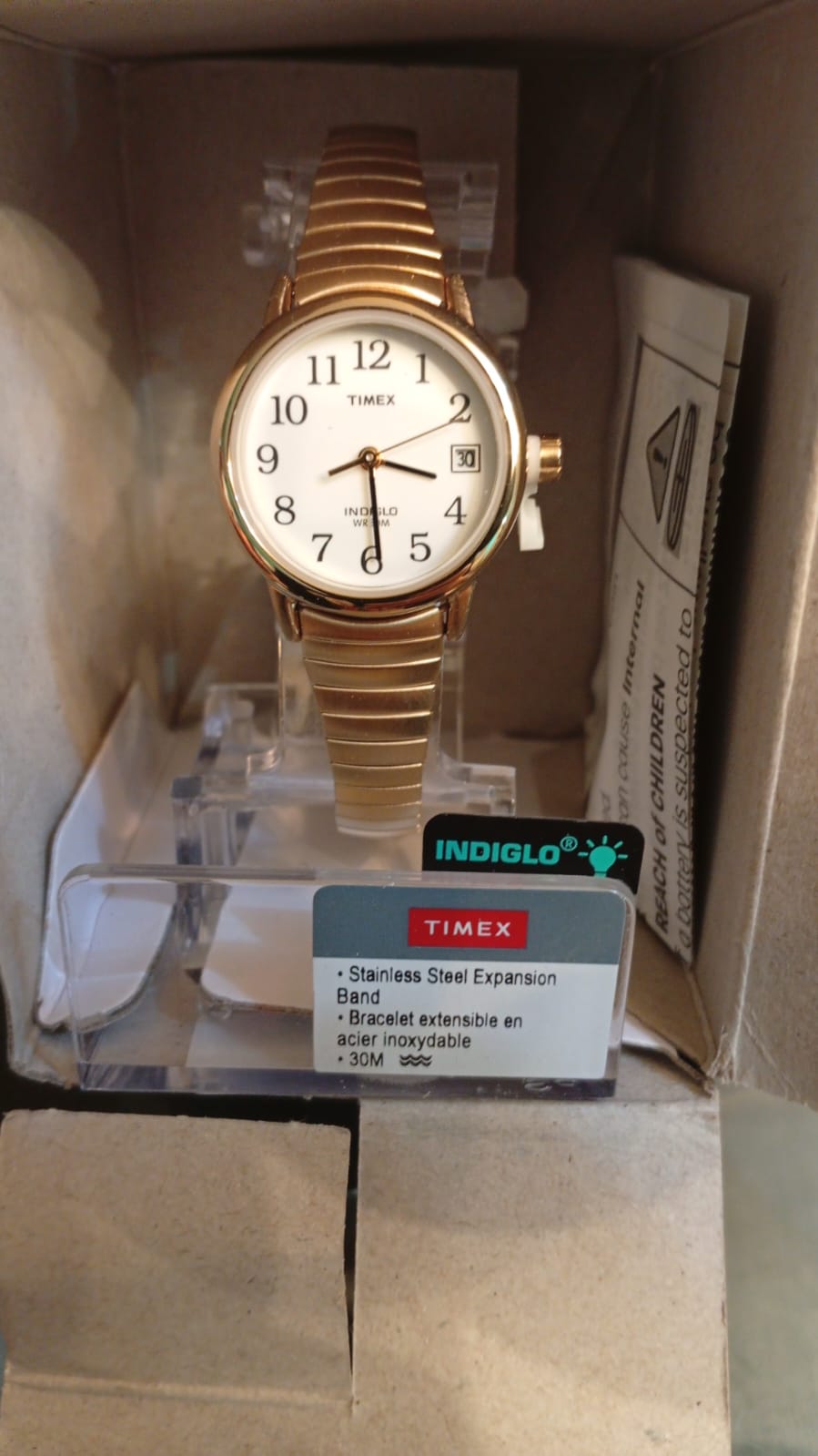 Reloj TIMEX, con fecha, dorado, extensible expandible, acero inoxidable.