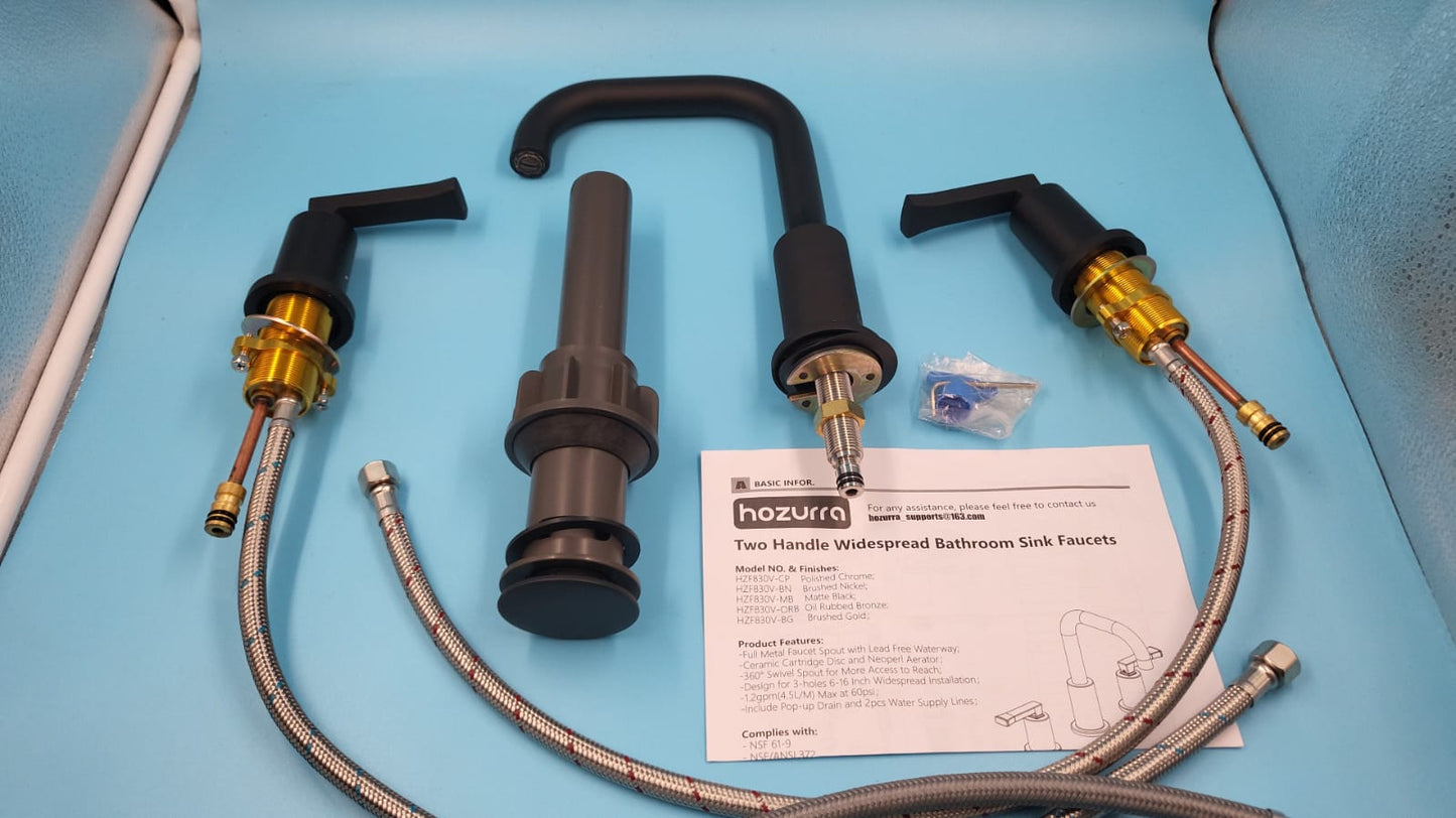 Grifo de baño de 8" de ancho, de dos manijas con desagüe emergente HOZURRA