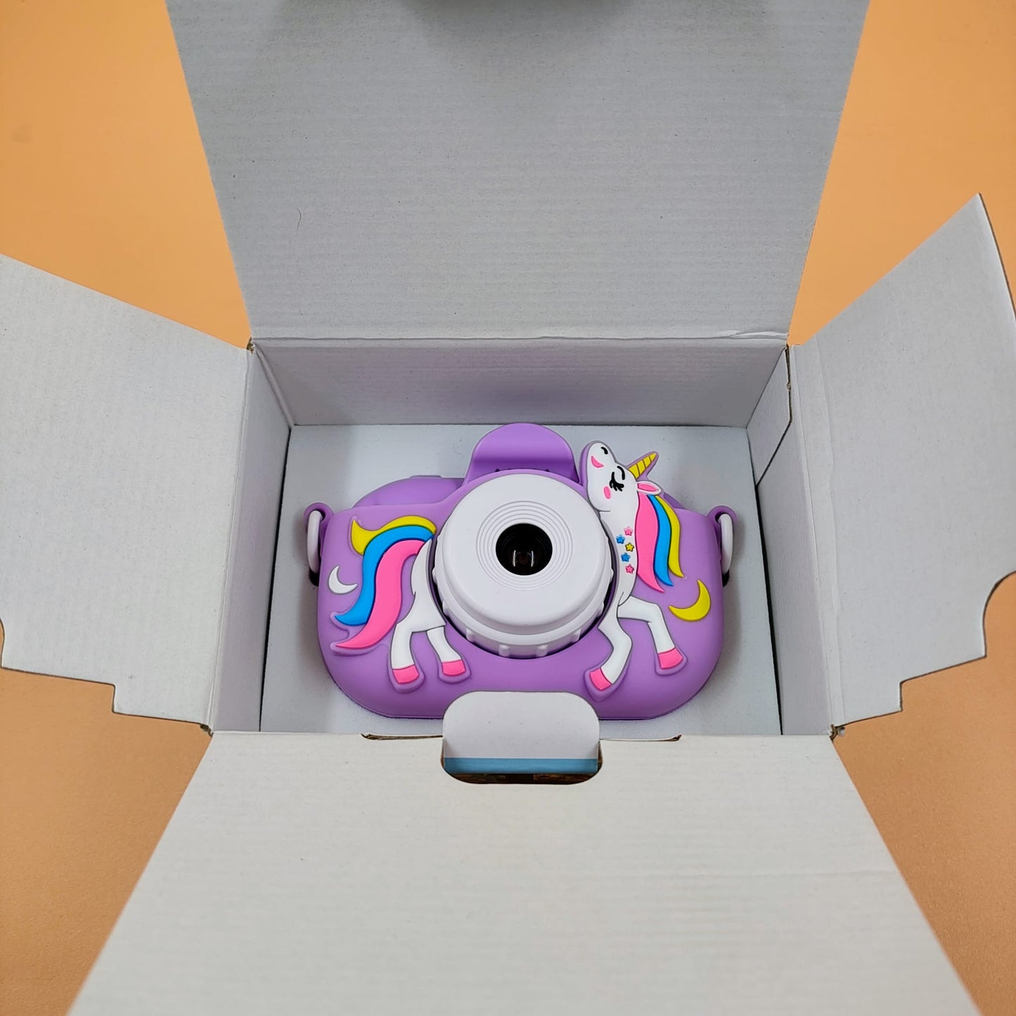 Cámara digital para niños de unicornio morado con correa