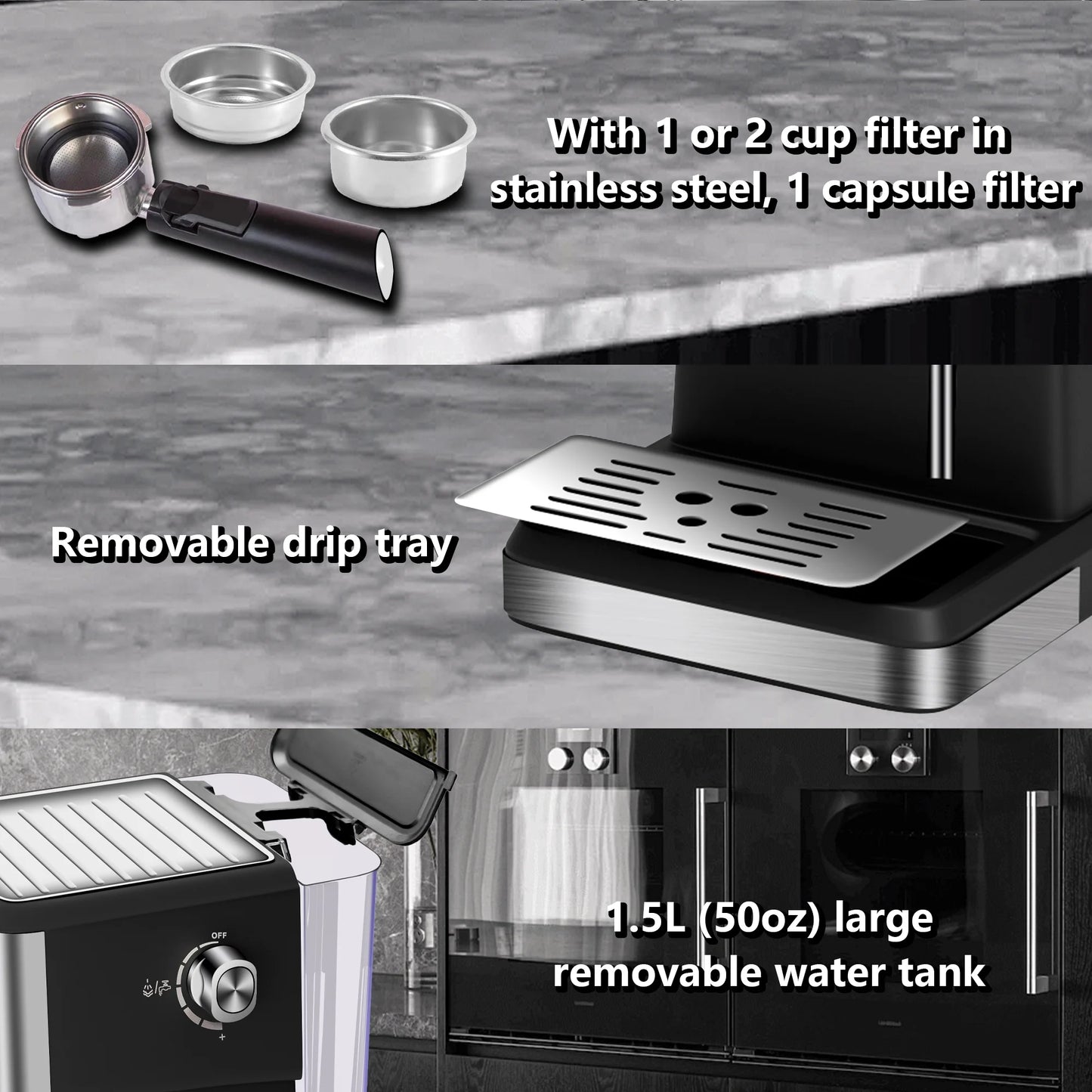 Cafetera espresso, 20 bars, 1,5 L, espumador de leche, acero inoxidable.