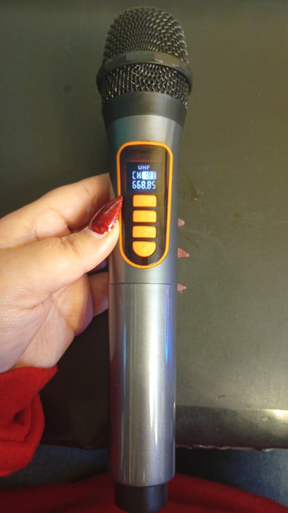 Máquina de karaoke, 2 micrófonos inalámbricos, entrada AUX.