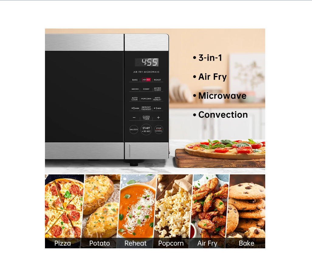 Microondas Galanz con freidora de aire, 0.9 pies, 900V, acero inox.