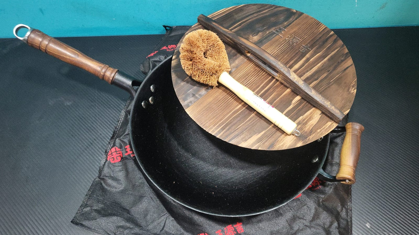 Sartén de hierro  grande con tapa y mango de madera, WANGYUANJI