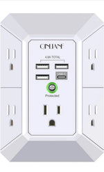Cargador de pared USB, de 5 tomacorrientes , 3 puertos USB y  1 tipo  C