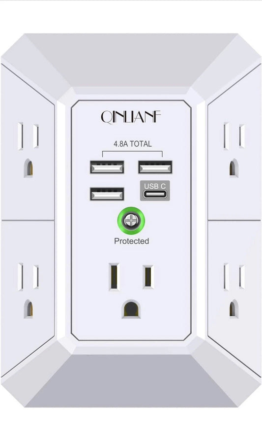 Cargador de pared USB, de 5 tomacorrientes , 3 puertos USB y  1 tipo  C