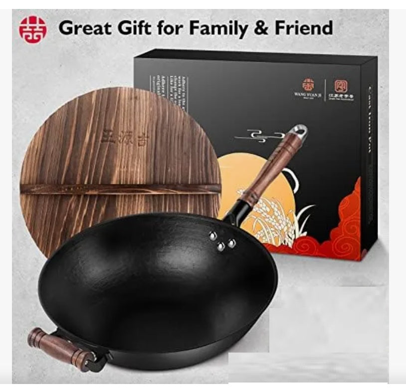 Sartén de hierro  grande con tapa y mango de madera, WANGYUANJI