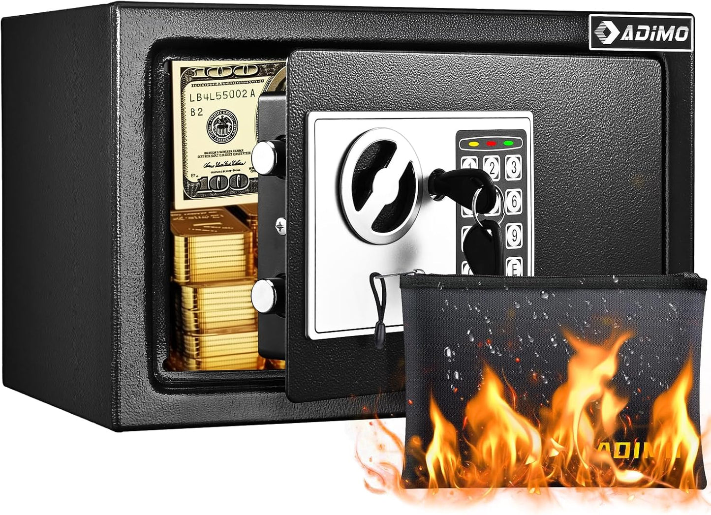 Caja de seguridad, pequeña con bolsa de seguridad ignífuga, con llaves y código de paso