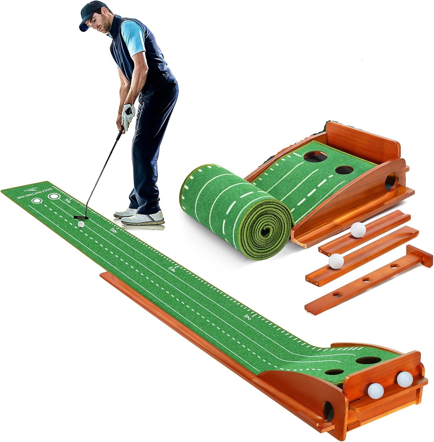 Tapete de entrenamiento de Golf con 2 agujeros, base de madera maciza,