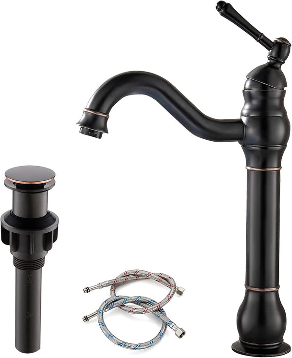 Grifo giratorio de 360° para lavabo de una sola manija y drenaje, bronce aceitado