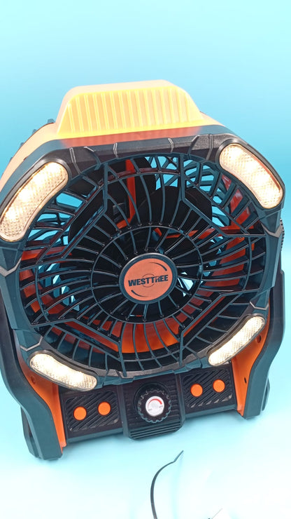 Ventilador portátil, con luz, recargable, entrada USB, regulable.