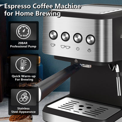 Cafetera espresso, 20 bars, 1,5 L, espumador de leche, acero inoxidable.