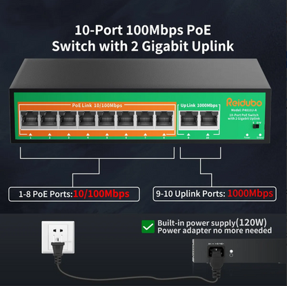 Conmutador Poe 8 Puertos, Ethernet 100mbps, Gigabit 120w, REIDUO
