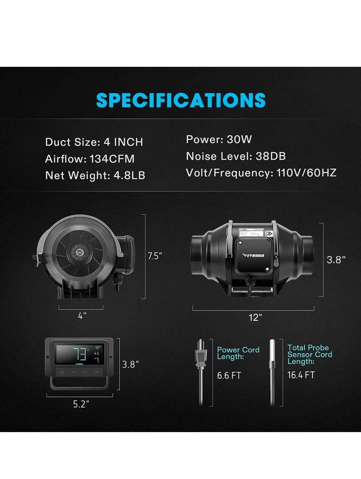 Ventilador para salas de cultivo controlador inteligente VIVOSUN 4" 134 CFM