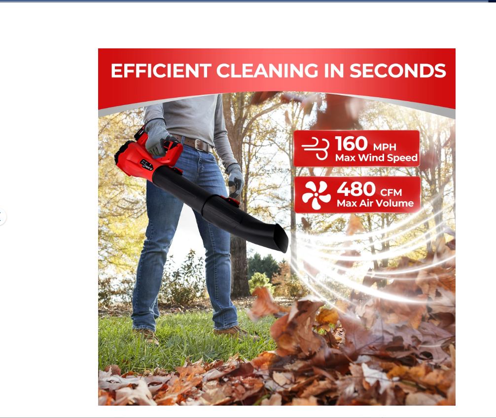 Soplador de hojas eléctrico inalámbrico YAHHU, 480 CFM/160 MPH.