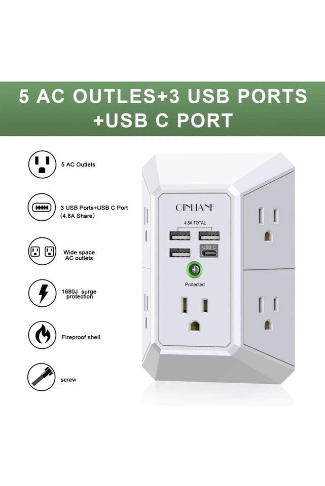 Cargador de pared USB, de 5 tomacorrientes , 3 puertos USB y  1 tipo  C