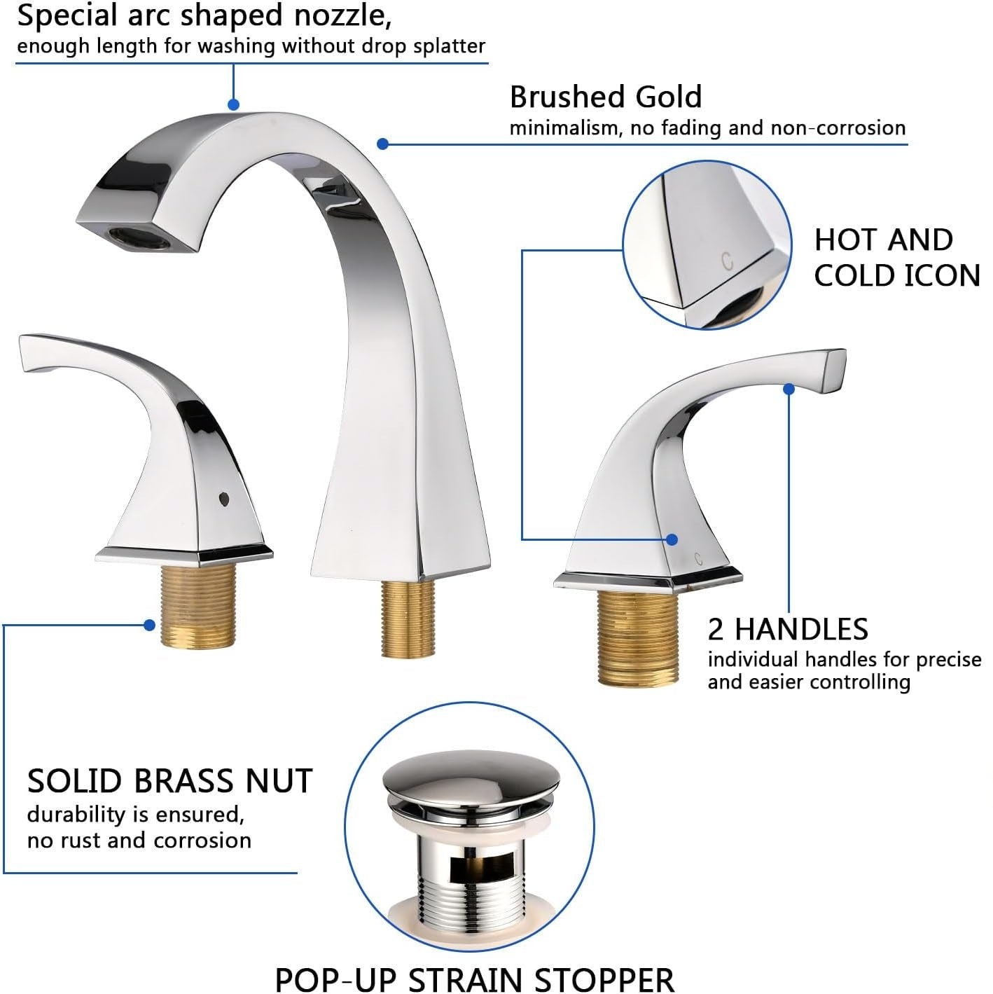 Grifo de baño EQLOO de níquel cepillado con 3 orificios y desagüe.