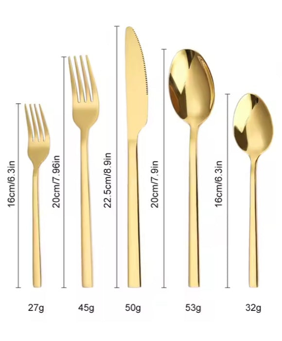 Juego de cubiertos forjados, 20 piezas, acero inoxidable. DORADOS