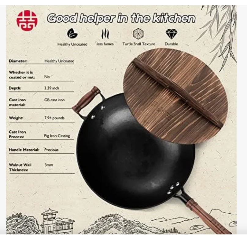 Sartén de hierro  grande con tapa y mango de madera, WANGYUANJI