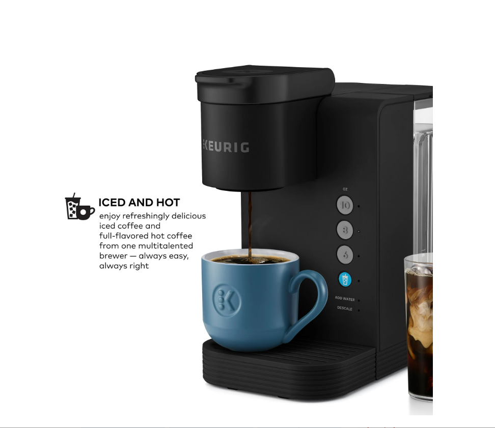 Cafetera Keurig, cápsulas K-Cup para café frío y caliente, negra.