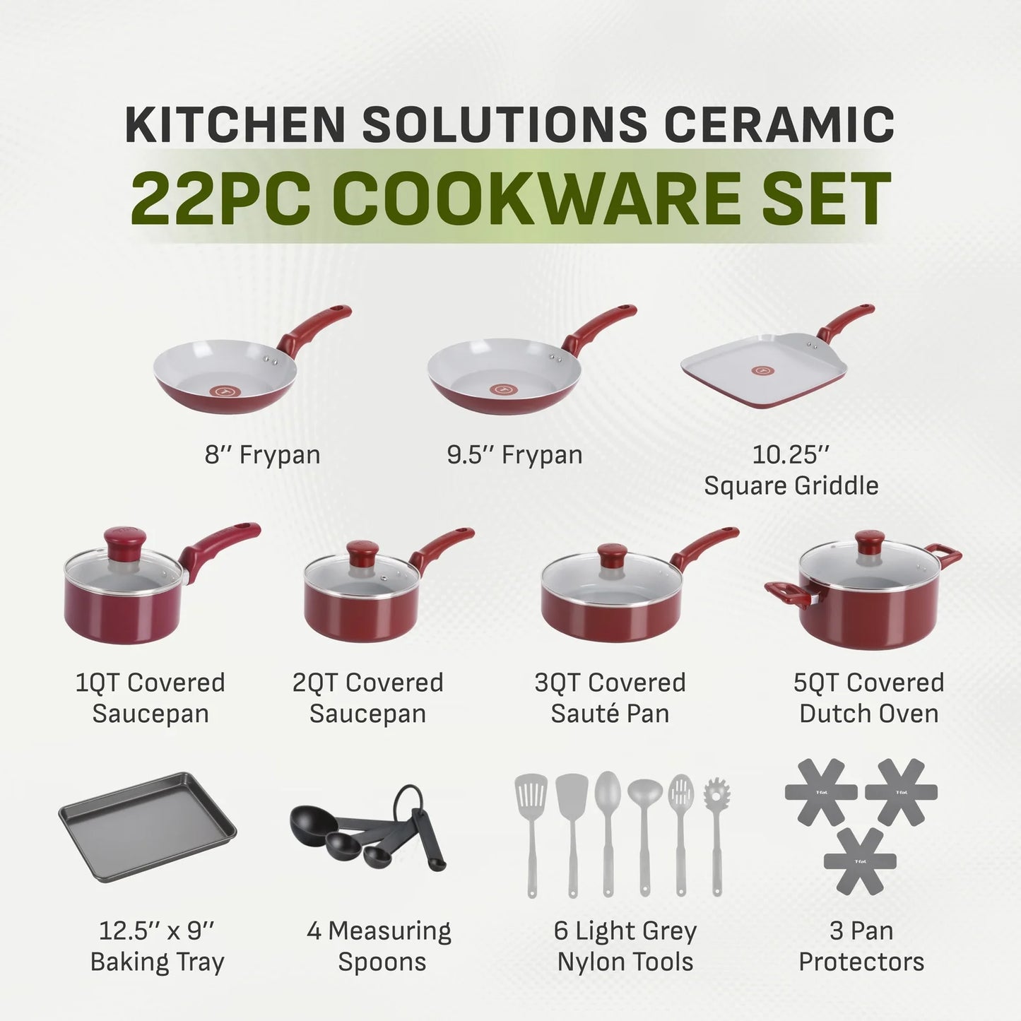 T-fal Kitchen Solutions Cerámica, Utensilios de Cocina de 22 Piezas, Rojo