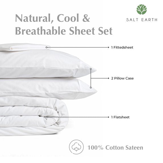 Juego de sábanas Salt Earth Queen de 4 piezas, 100 % algodón.