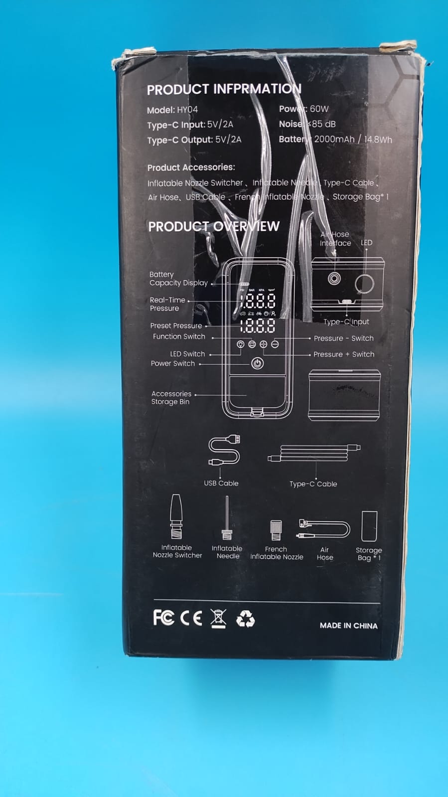 Inflador de neumáticos, portátil, con luz LED de emergencia (USADO).