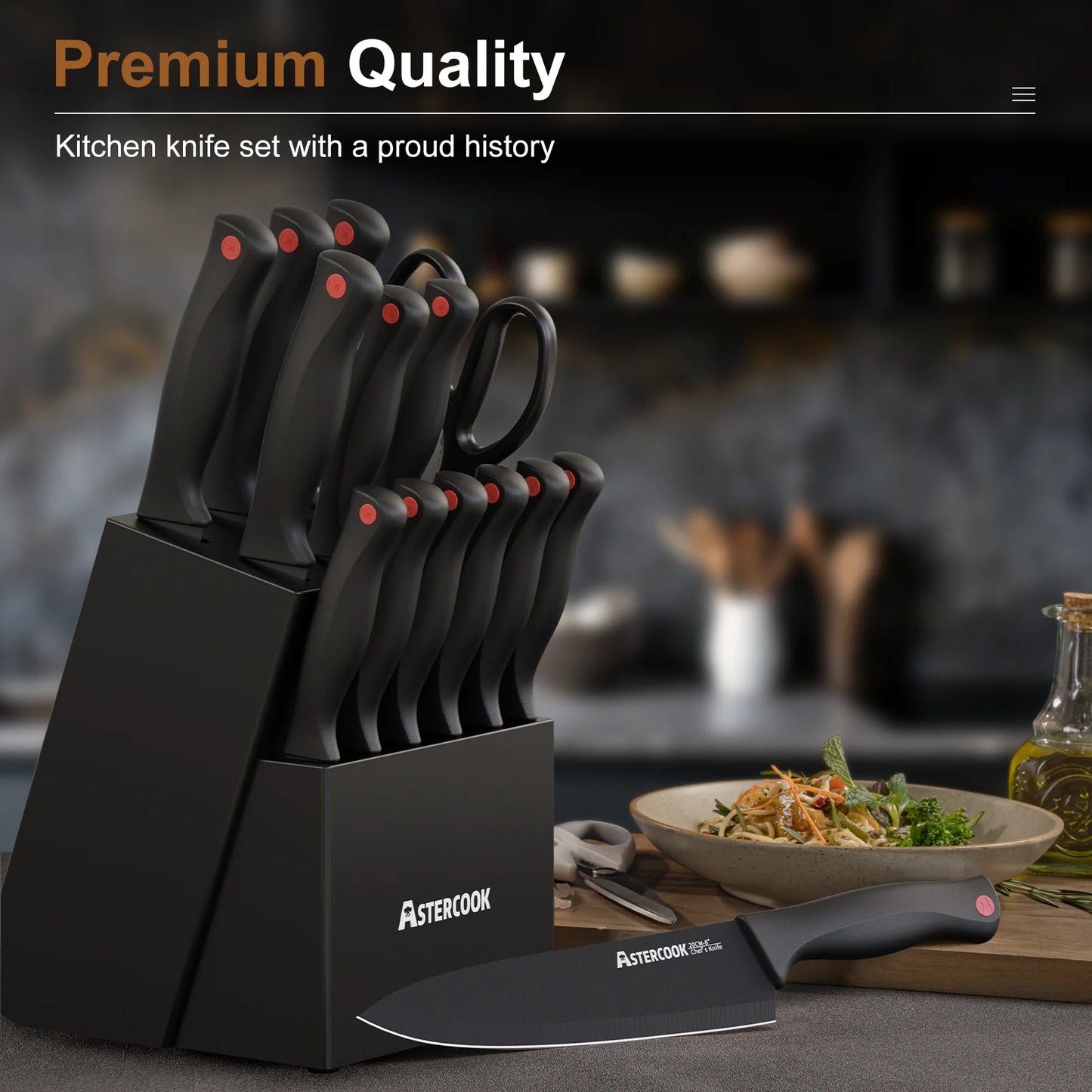 Juego de Cuchillos de Cocina de 14 Pzas con Afilador Incorporado. ASTERCOOK