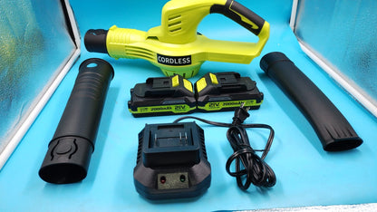 Soplador de hojas inalámbrico, eléctrico de 21 V con 2 baterías y cargador.