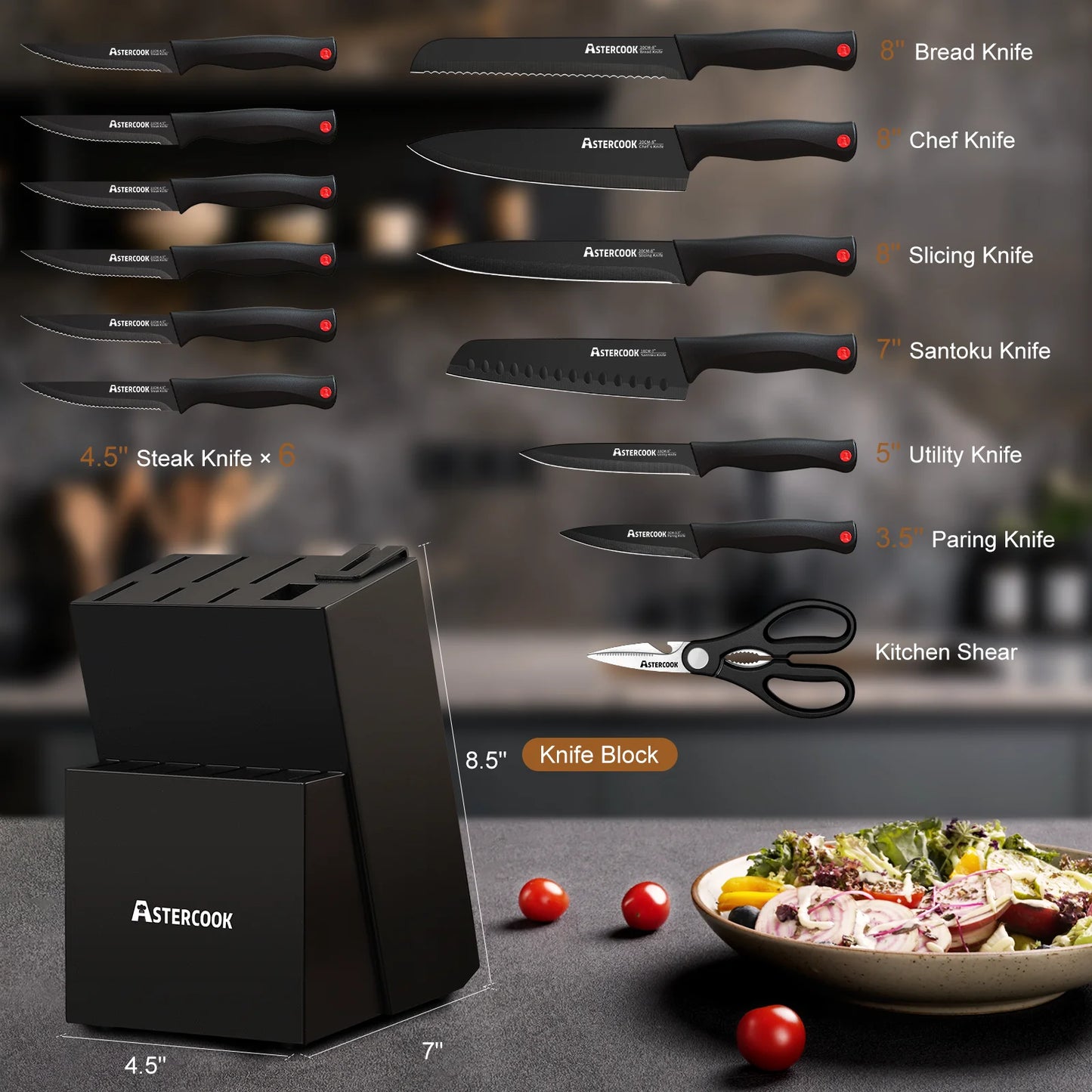 Juego de Cuchillos de Cocina de 14 Pzas con Afilador Incorporado. ASTERCOOK