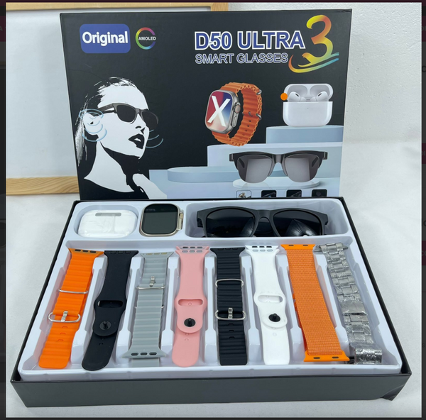 Reloj y lentes inteligentes D50 Ultra 3 con auriculares y 8 correas.