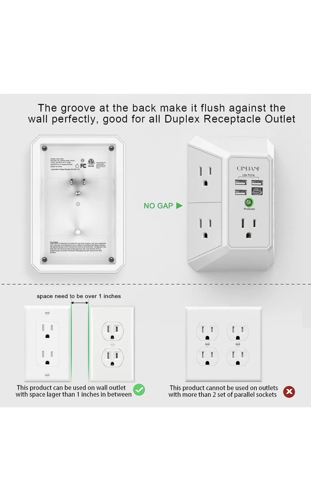 Cargador de pared USB, de 5 tomacorrientes , 3 puertos USB y  1 tipo  C