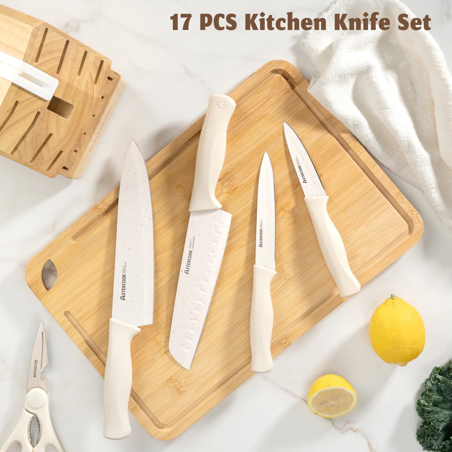 Juego de cuchillos Astercook con revestimiento antioxidante y afilador integrado
