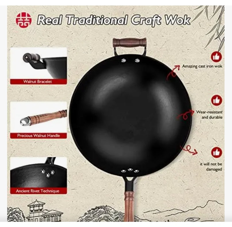 Sartén de hierro  grande con tapa y mango de madera, WANGYUANJI