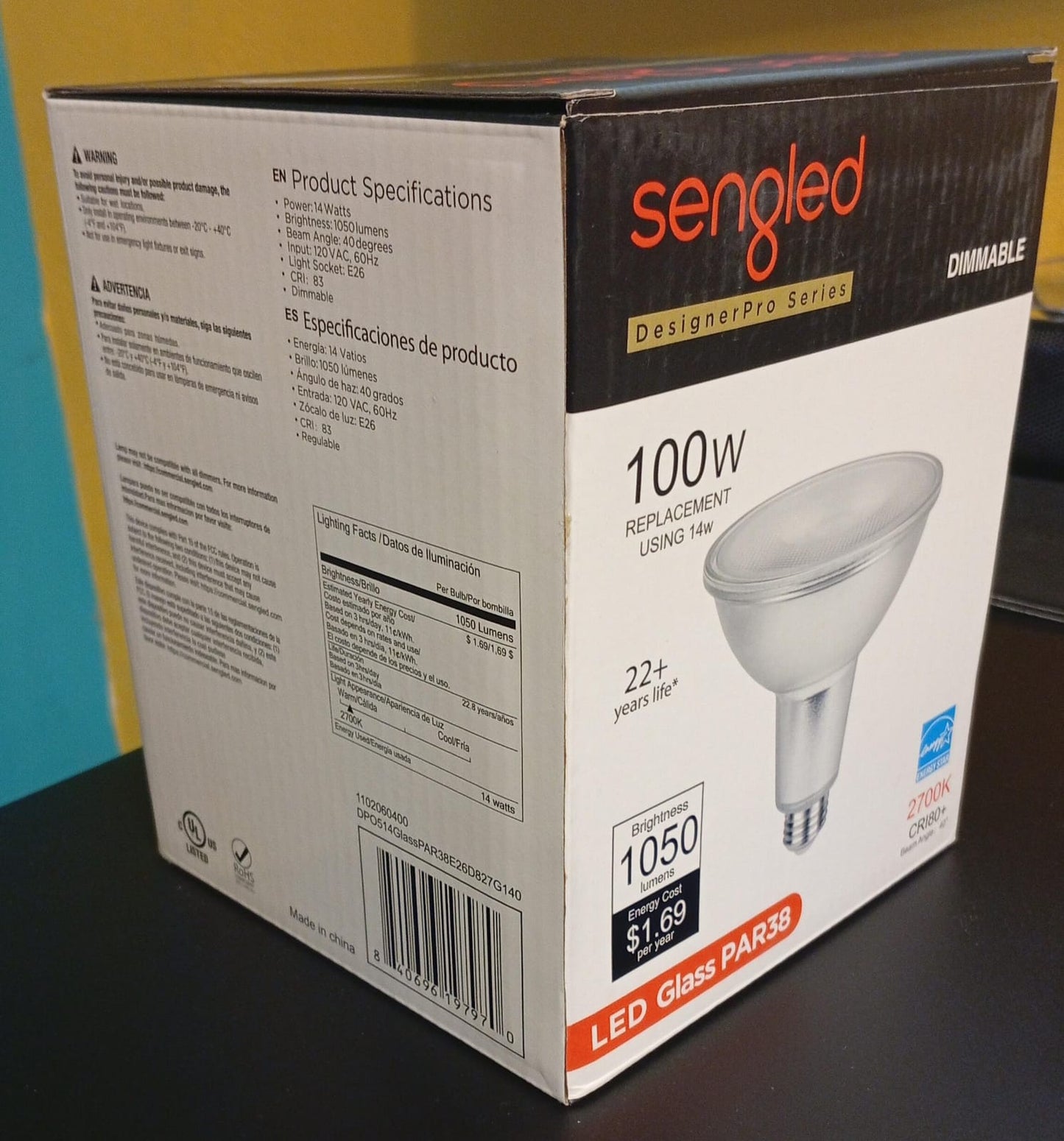Bombilla LED PAR38, vidrio Sengled regulables 100 W, 1050 lm.