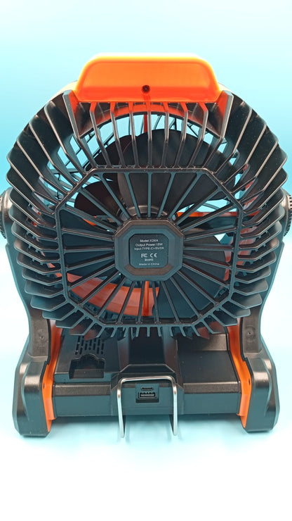 Ventilador portátil, con luz, recargable, entrada USB, regulable.