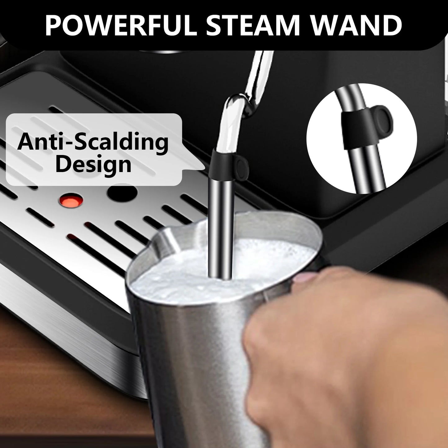 Cafetera espresso, 20 bars, 1,5 L, espumador de leche, acero inoxidable.