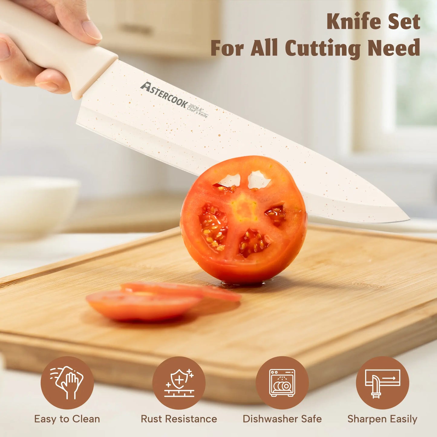 Juego de cuchillos Astercook con revestimiento antioxidante y afilador integrado
