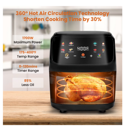 Freidora de Aire Bluebow 7.5QT, Pantalla Táctil 8 en 1, 1700W, Vent. Visible