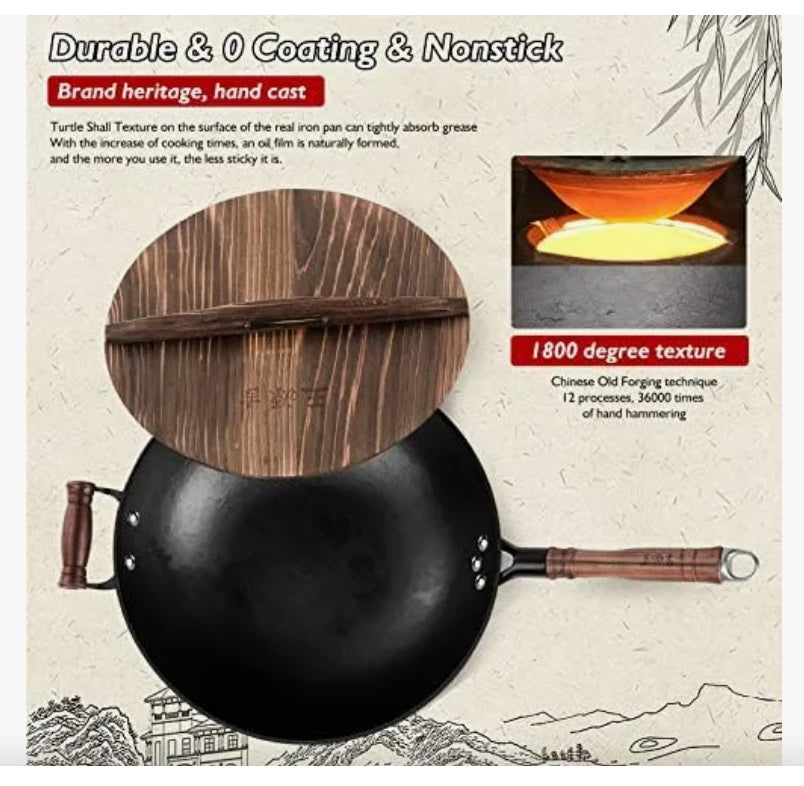 Sartén de hierro  grande con tapa y mango de madera, WANGYUANJI