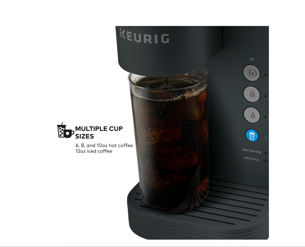 Cafetera Keurig, cápsulas K-Cup para café frío y caliente, negra.