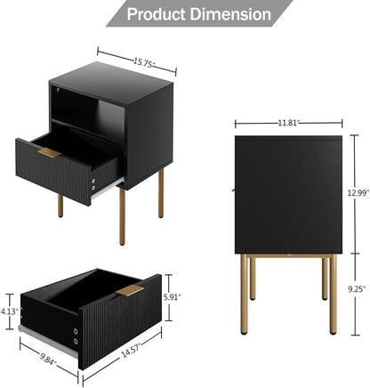 Mesa Auxiliar Moderna Negra Y Dorada Con 1 Cajón / Entrepaño
