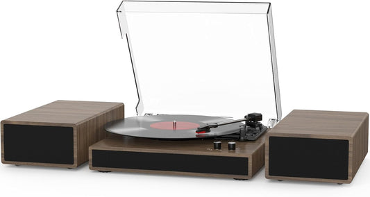 Reproductor vintage de discos de vinilo con altavoces estéreo duales.