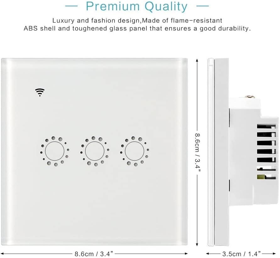Interruptor táctil de pared, WIFI, Panel de vidrio, triple, blanco.