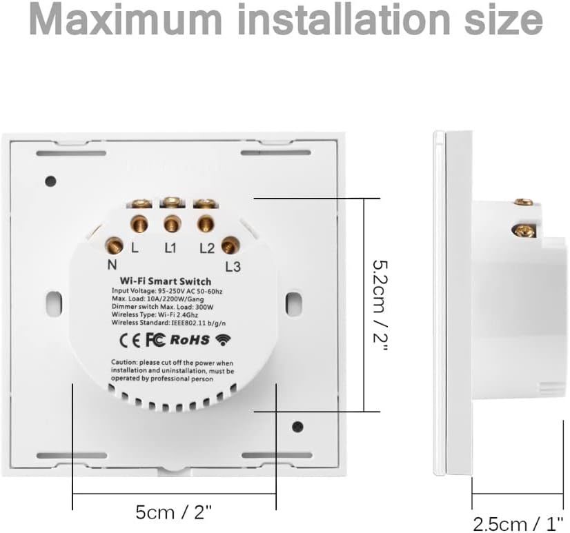 Interruptor táctil de pared, WIFI, Panel de vidrio, triple, blanco.