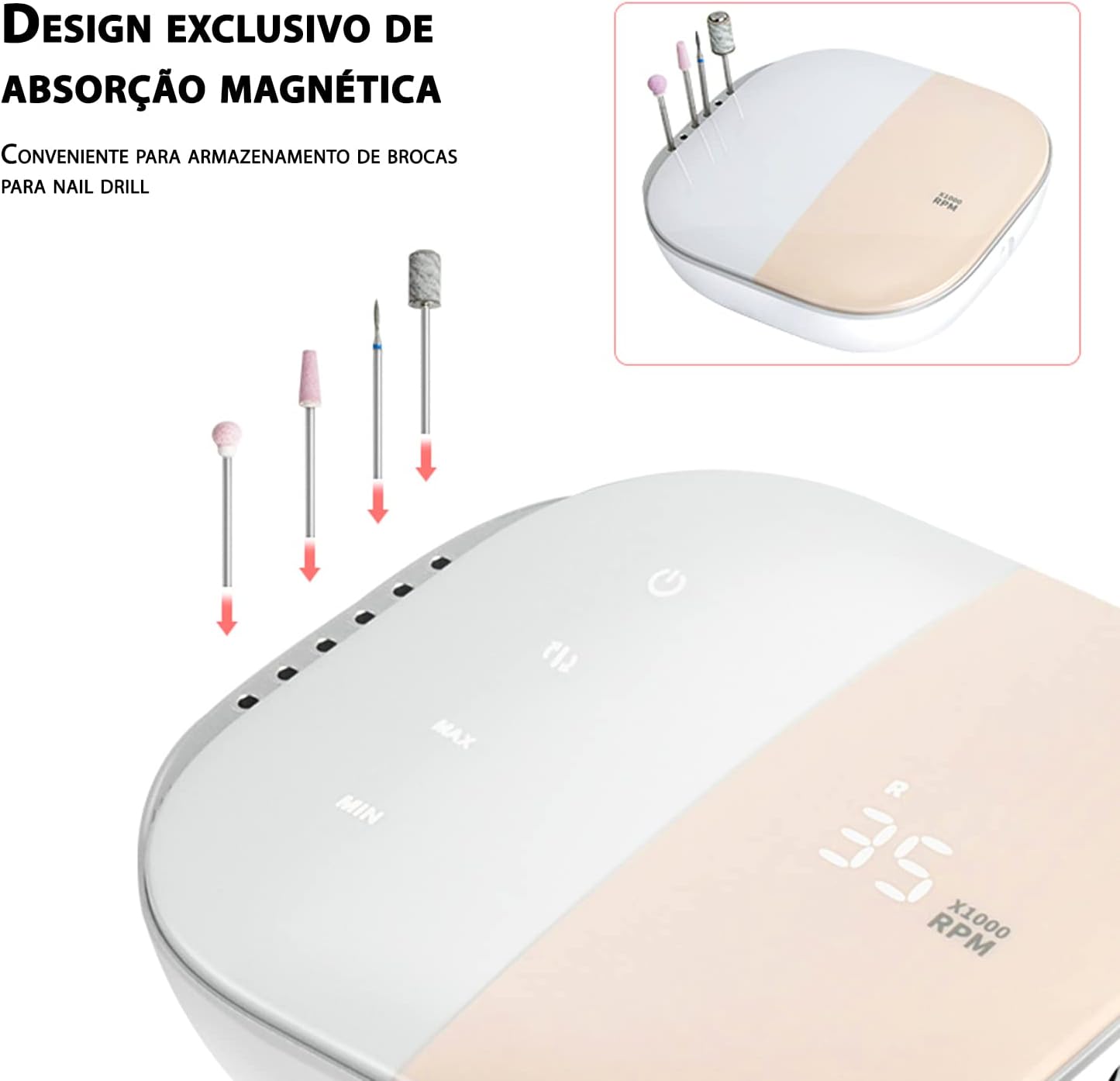 Drill de uñas, lijadora electrica, pantalla tactil, 3 puntas, 35000RPM.