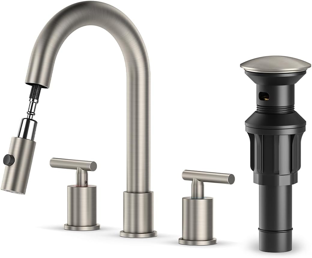 Grifo de baño desplegable con rociador 360° en acero inoxidable cepillado con drenaje emergente