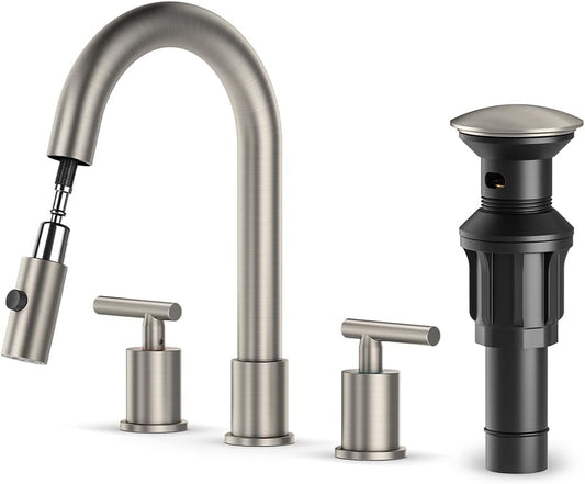 Grifo de baño desplegable con rociador 360° en acero inoxidable cepillado con drenaje emergente