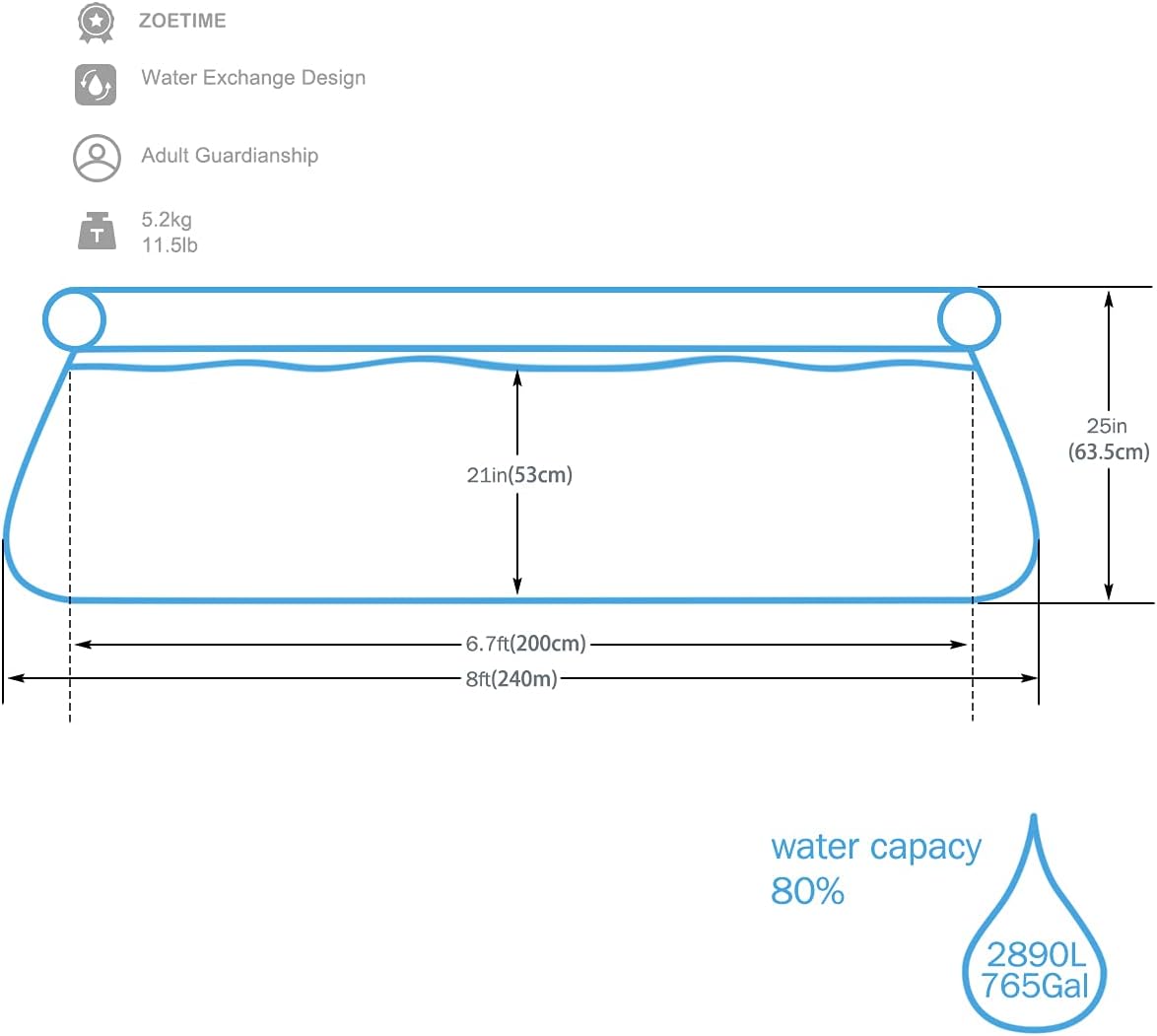 Piscina inflable, Zoetime, PVC, 765 Gal. para niños y adultos, jardín o patio.