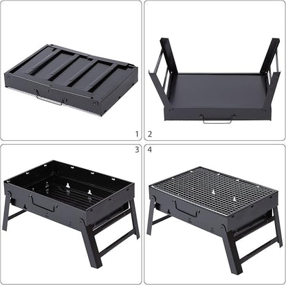 Asador de carbón portátil, plegable de acero inoxidable, uso exterior.