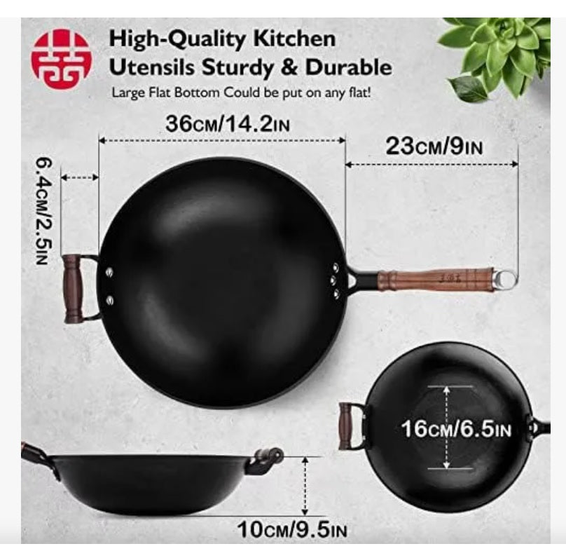 Sartén de hierro  grande con tapa y mango de madera, WANGYUANJI